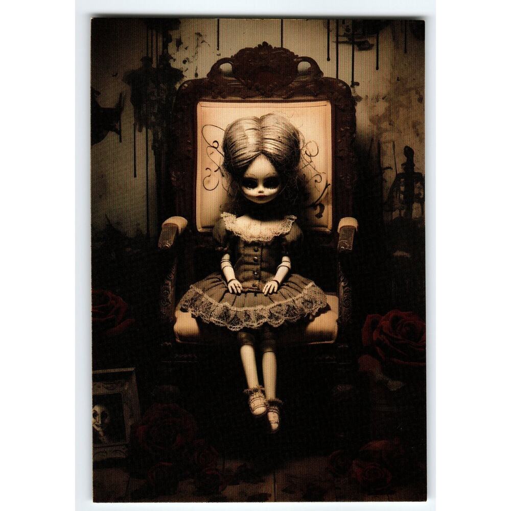 Vintage Photochrome Halloween Postcard Creepy Doll on Chair 5.5x4"